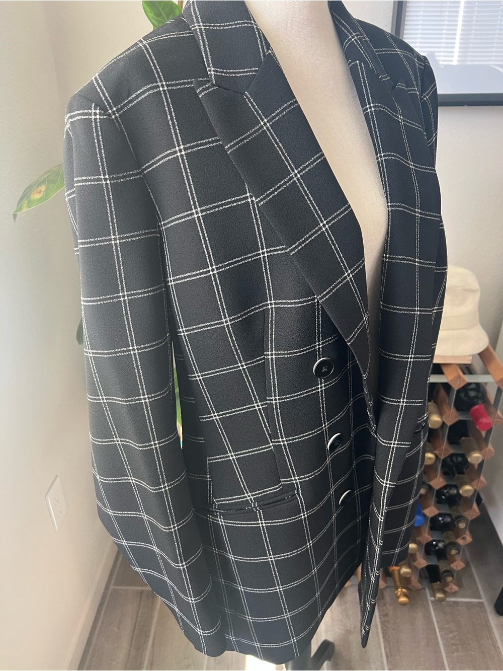 Black Windowpane Plaid Double-Breasted Blazer - Like New!